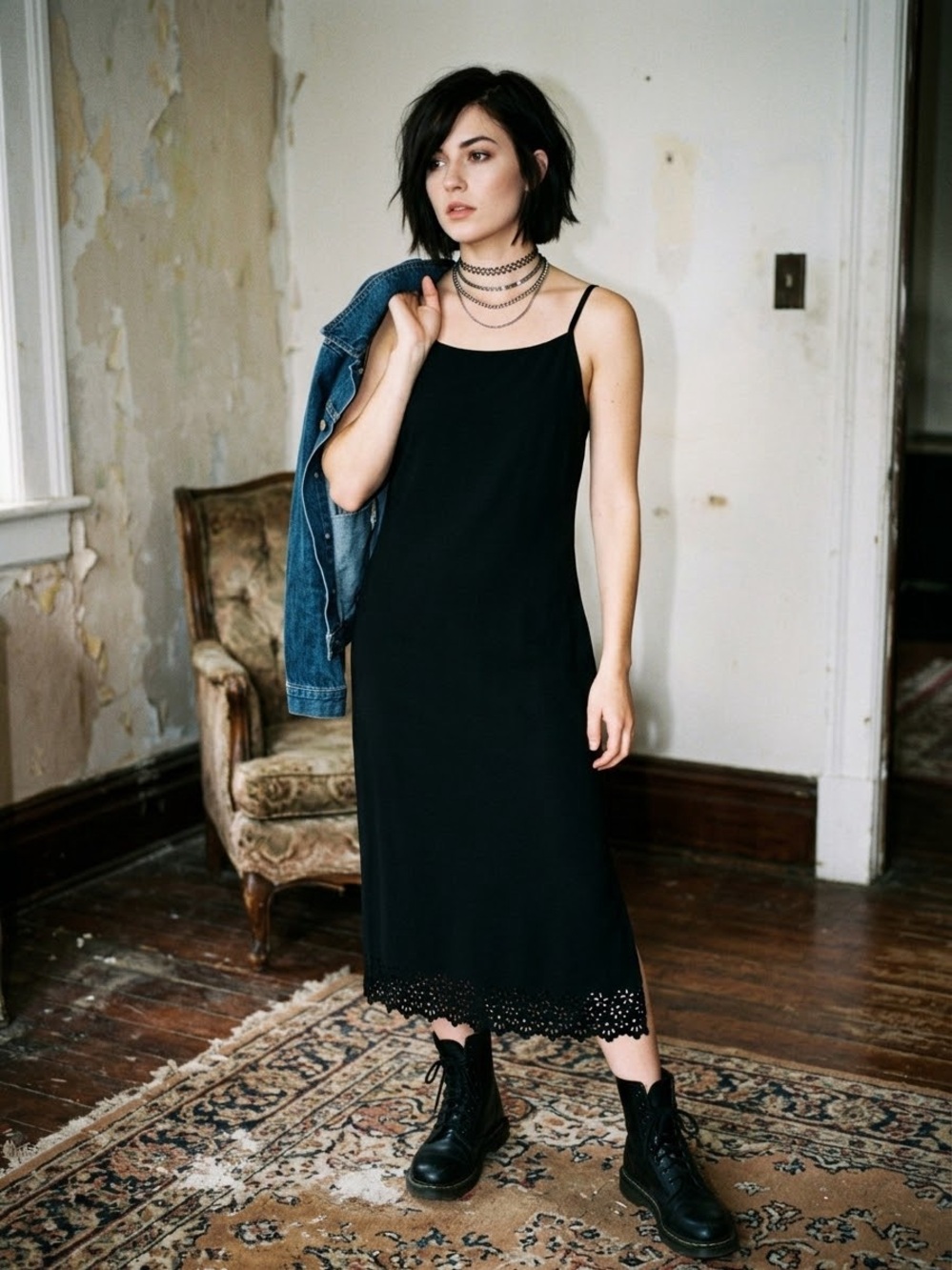 VTG Allen Paige Women’s 9/10 Black Dress Laser Cut Hem Goth Grunge 90’s Friends